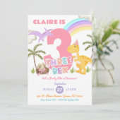 Pastel Meisje Dinosaurus Drie Rex Verjaardagsfeest Kaart (Staand voorkant)