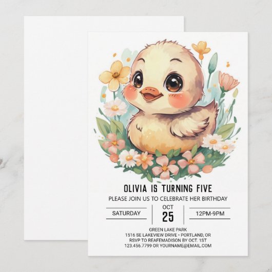 Pastel meisje eend verjaardag kaart (Voorkant / Achterkant)