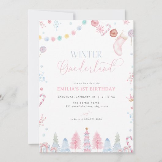 Pastel Meisje Winter Onederland Verjaardagsuitnodi Kaart (Voorkant)