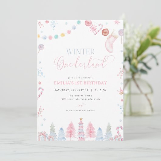 Pastel Meisje Winter Onederland Verjaardagsuitnodi Kaart (Staand voorkant)