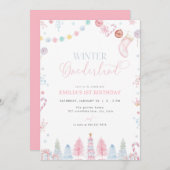 Pastel Meisje Winter Onederland Verjaardagsuitnodi Kaart (Voorkant / Achterkant)