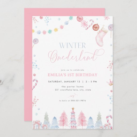 Pastel Meisje Winter Onederland Verjaardagsuitnodi Kaart (Voorkant / Achterkant)