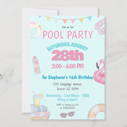 Pastel Meisjes Zomer Zwembad Verjaardagsfeestje Ui Kaart (Voorkant)