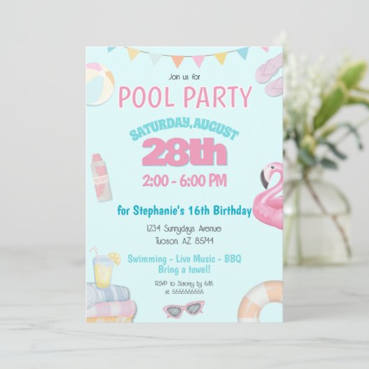 Pastel Meisjes Zomer Zwembad Verjaardagsfeestje Ui Kaart (Staand voorkant)