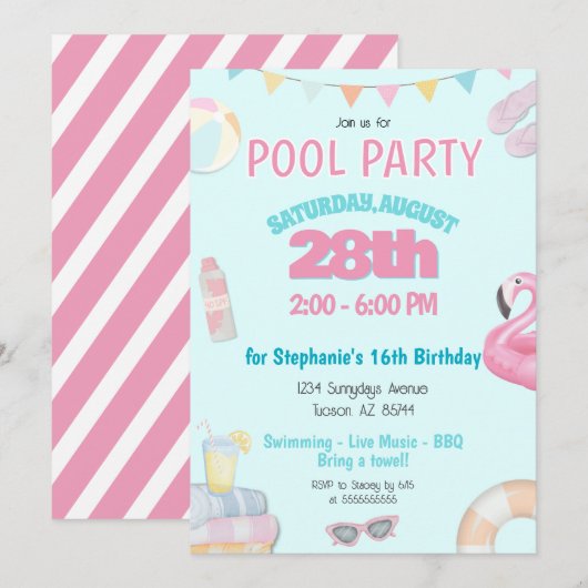 Pastel Meisjes Zomer Zwembad Verjaardagsfeestje Ui Kaart (Voorkant / Achterkant)