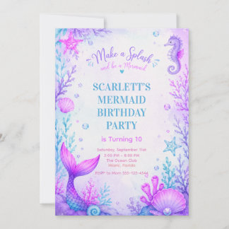 Pastel Mermaid Birthday Invitation Purple Kaart
