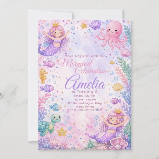Pastel Mermaid Celebration Invitation Editable Kaart (Voorkant)