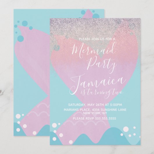 Pastel Mermaid Faux Glitter Birthday Party Kaart (Voorkant / Achterkant)