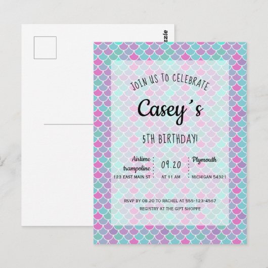 Pastel, mermaid scales, uitnodiging (Voorkant / Achterkant)