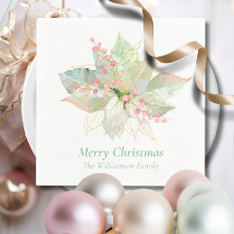 Pastel Merry Christmas Poinsettia Pink Sage Gold Servet