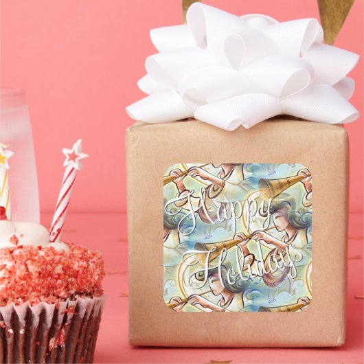 Pastel met kleur engel met trompet vierkante sticker (Feest)