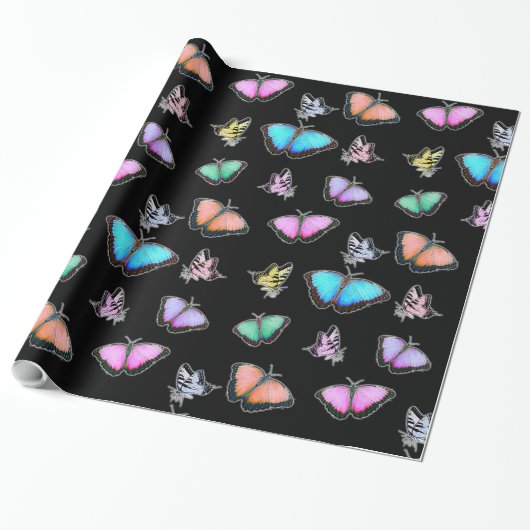 Pastel met kleur roze, groen, geel, Butterflies Cadeaupapier (Uitgerold)