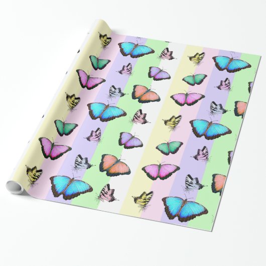 Pastel met kleur roze, groene, gele vlinders cadeaupapier (Uitgerold)