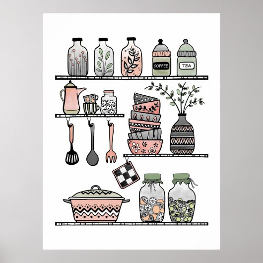 Pastel Midden-eeuwse Boho-chic Keuken Wand Poster (Voorkant)