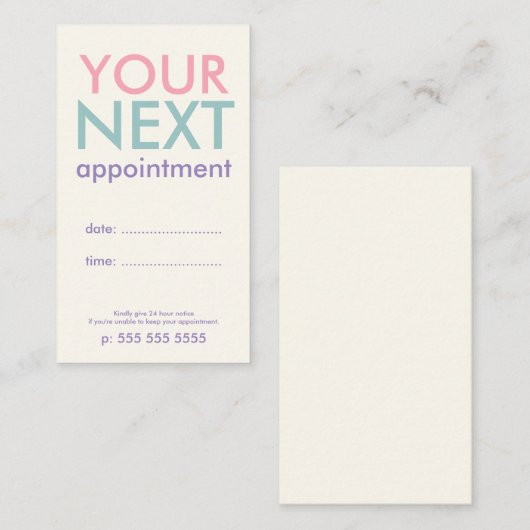 Pastel Minimal Basic Appointment Card Afsprakenkaartje (Voorkant / Achterkant)
