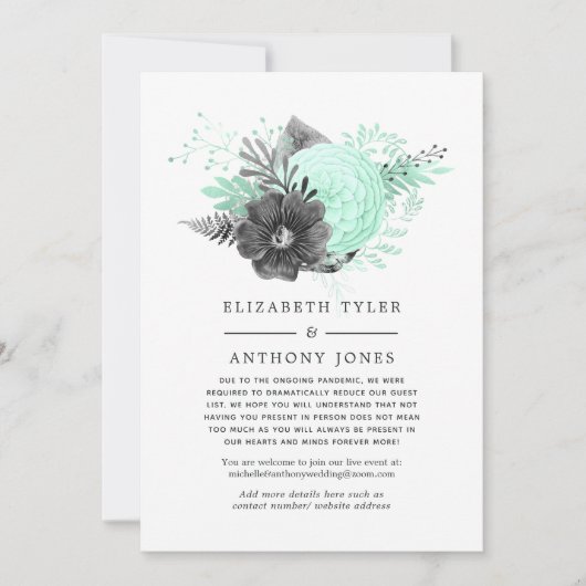 Pastel Mint & Charcoal Verminderde bruiloft gasten Aankondiging (Voorkant)
