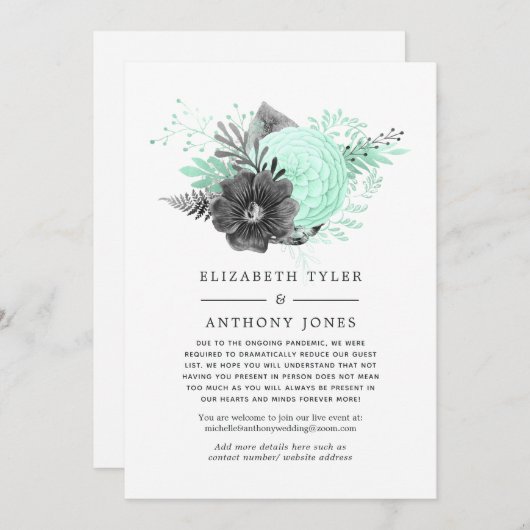 Pastel Mint & Charcoal Verminderde bruiloft gasten Aankondiging (Voorkant / Achterkant)