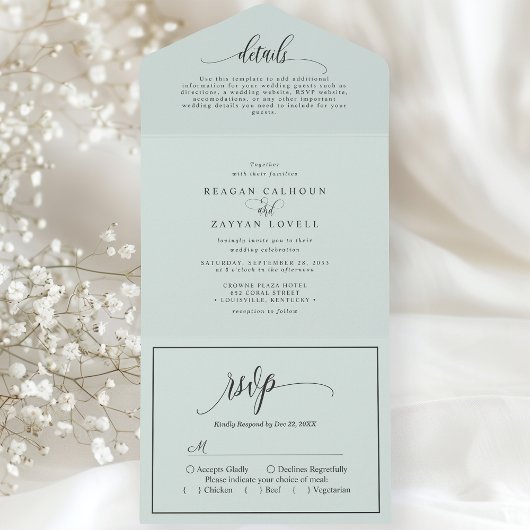 Pastel Mint Eenvoudig Modern Script All In One Uitnodiging