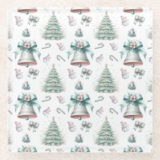 Pastel Mint en Roze Kerst Naadloos Patroon Glazen Onderzetter (Voorkant)