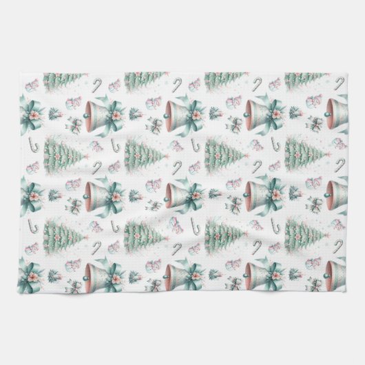 Pastel Mint en Roze Kerst Naadloos Patroon Theedoek (Horizontaal)