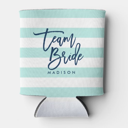 Pastel Mint en witte strepen Blauw Team Bride Blikjeskoeler (Voorkant)