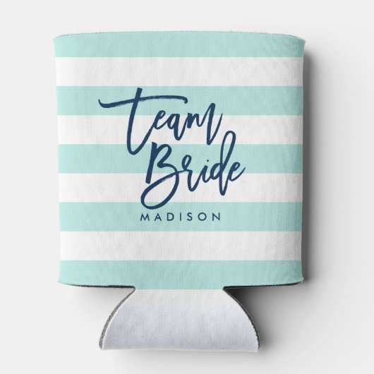 Pastel Mint en witte strepen Blauw Team Bride Blikjeskoeler (Achterkant)