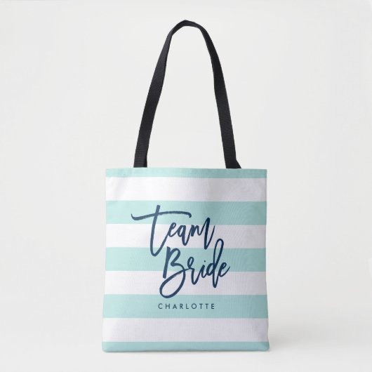 Pastel Mint en witte strepen Blauw Team Bride Tote Bag (Voorkant)
