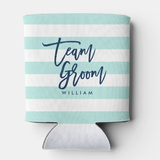 Pastel Mint en witte strepen Blauw Team Groom Blikjeskoeler (Achterkant)
