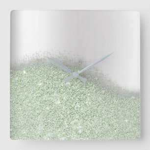 Pastel Mint Glitter Silver Grey Minimale Metallic Vierkante Klok