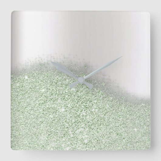 Pastel Mint Glitter Silver Grey Minimale Metallic Vierkante Klok (Voorkant)