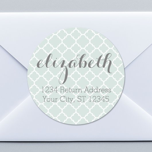 Pastel Mint & Gray Quatrefoil Patroon Aangepaste n Ronde Sticker