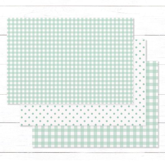  Pastel Mint Green Gingham Check Polka Dots Inpakpapier Vel