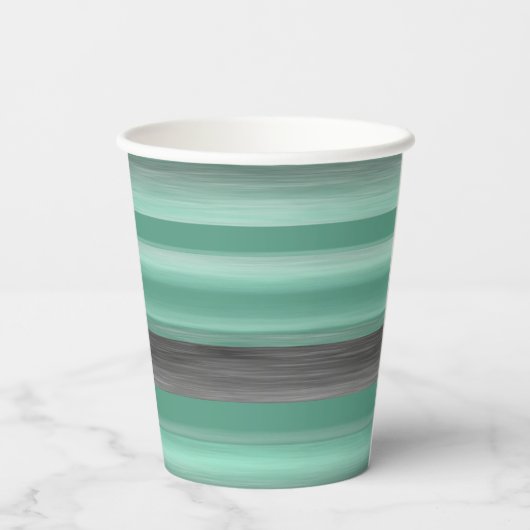 Pastel Mint Green Grey Waterverf Stripes Patroon Papieren Bekers (Achterkant)
