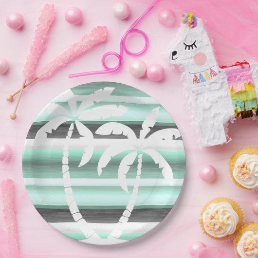 Pastel Mint Green Grey Waterverf Stripes Patroon Papieren Bordje (Feest)