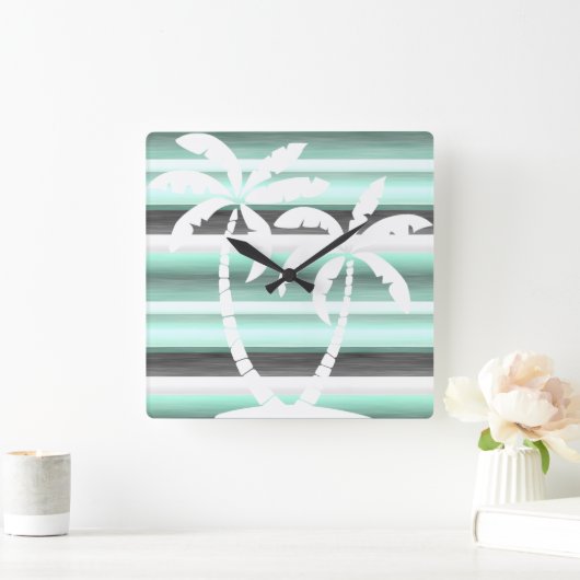Pastel Mint Green Grey Waterverf Stripes Patroon Vierkante Klok (Huis)
