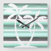 Pastel Mint Green Grey Waterverf Stripes Patroon Vierkante Klok (Voorkant)