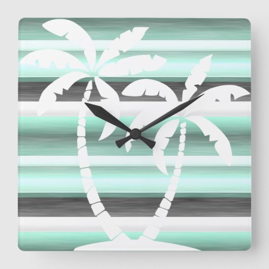 Pastel Mint Green Grey Waterverf Stripes Patroon Vierkante Klok (Voorkant)
