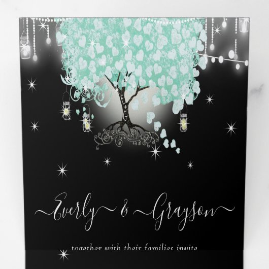 Pastel Mint Green over het zwarte-heetridhuwelijk Drieluik Uitnodiging (Binnenzijde eerst)