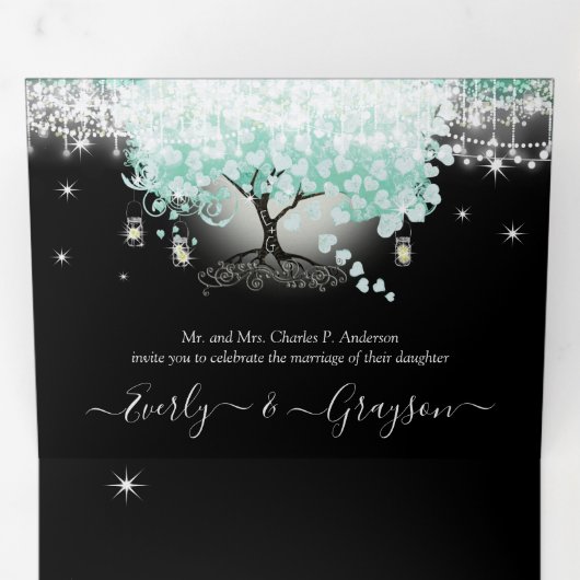 Pastel Mint Green over het zwarte-heetridhuwelijk Drieluik Uitnodiging (Binnenzijde eerst)