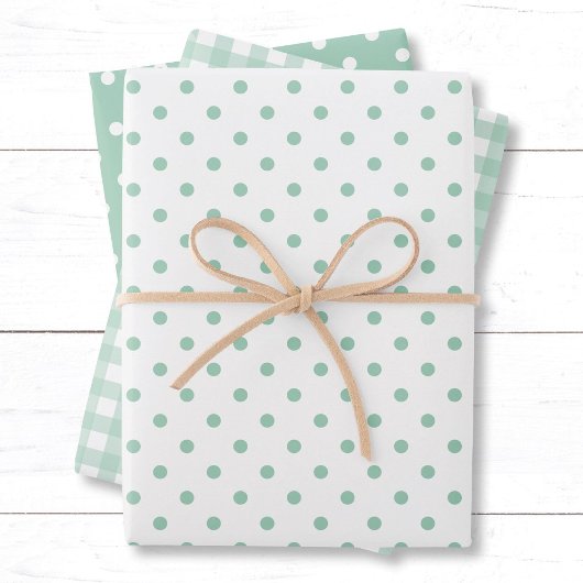 Pastel Mint Green Polka Dots Gingham Pattern Mix Inpakpapier Vel