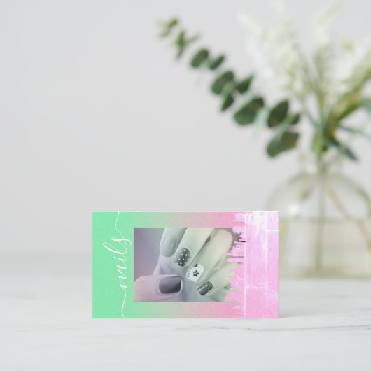 Pastel Mint Green Roze Blush nagels Fotosjabloon Visitekaartje (Staand voorkant)