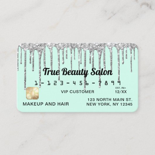 Pastel Mint Green Silver Glitter Druppelt Krediet Visitekaartje (Voorkant)