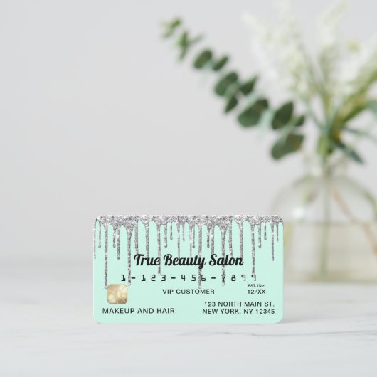 Pastel Mint Green Silver Glitter Druppelt Krediet Visitekaartje (Staand voorkant)