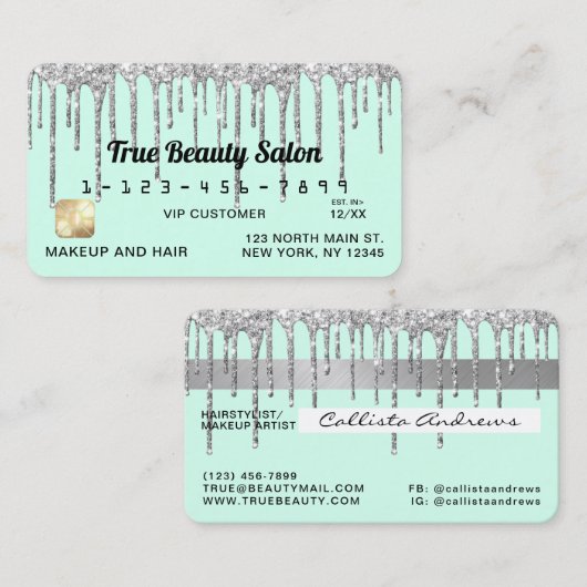 Pastel Mint Green Silver Glitter Druppelt Krediet Visitekaartje (Voorkant / Achterkant)