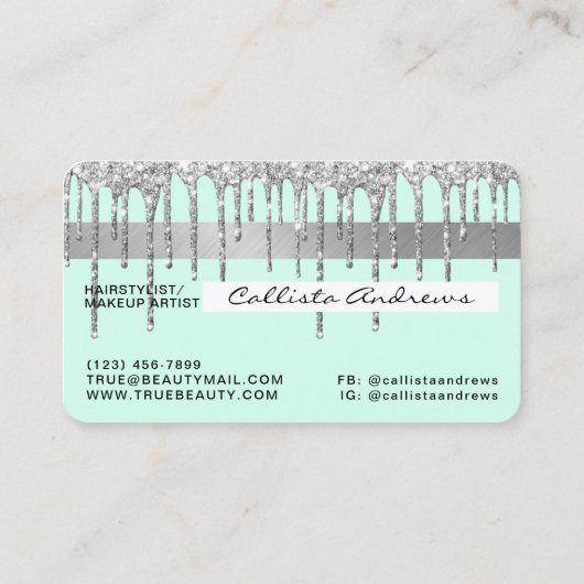 Pastel Mint Green Silver Glitter Druppelt Krediet Visitekaartje (Achterkant)
