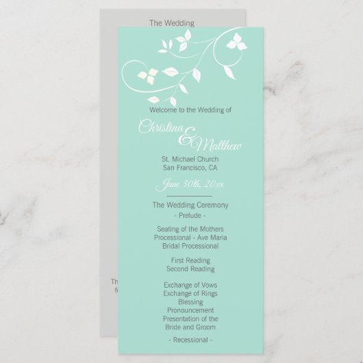 Pastel Mint Groen & Licht Grijs Huwelijksceremonie Programmakaart (Voorkant / Achterkant)