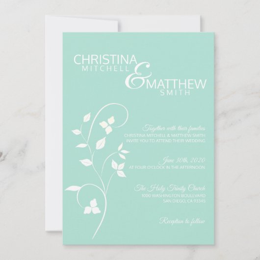 Pastel Mint Groen & Licht Grijs Wijnstok Bruiloft Kaart (Voorkant)