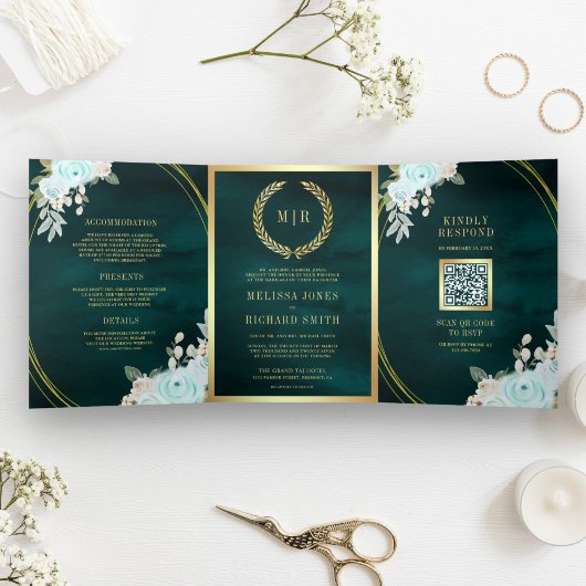 Pastel Mint Rozen Alles in Eén QR Code Teal Bruilo Drieluik Uitnodiging