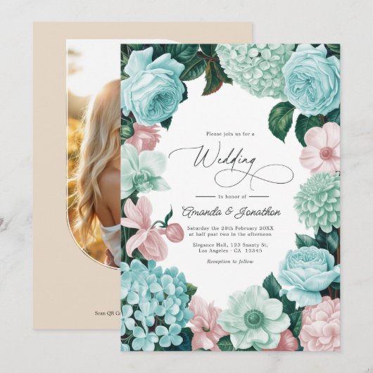 Pastel Mint, Seafoam & Shell Pink Wedding Kaart (Voorkant / Achterkant)