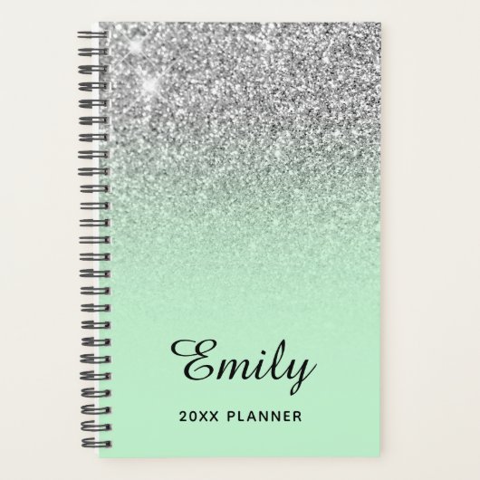 Pastel Mint Silver Glitter Ombre Persoonlijk Planner (Voorkant)